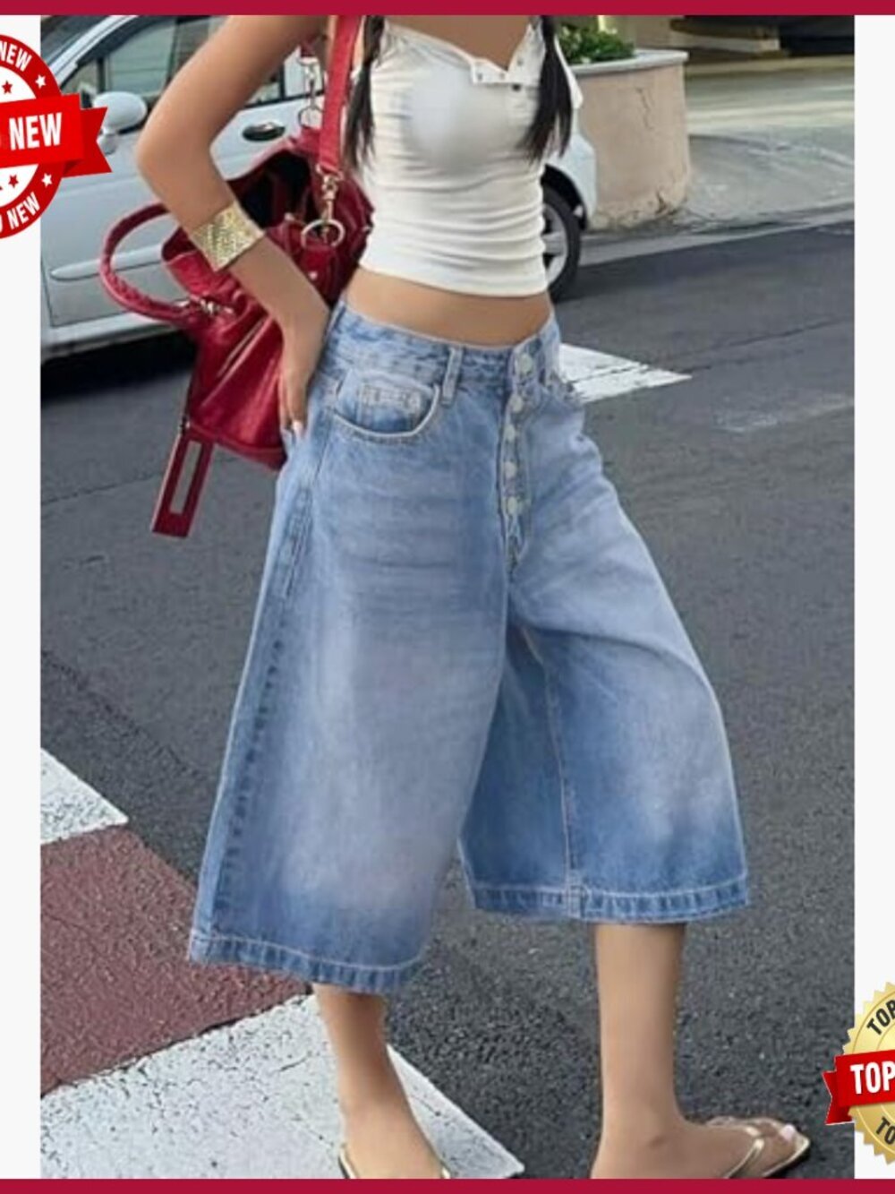 Baggy Wide Leg Cargo Jeans High Waist Capri Denim Bermuda Jorts Plus Size Y2k - Picture 2 of 5